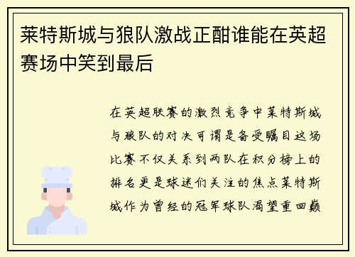 莱特斯城与狼队激战正酣谁能在英超赛场中笑到最后